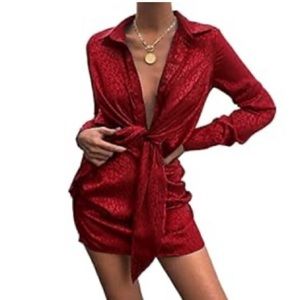 Women's Leopard Satin Deep Collar V Neck Tie Front Long Sleeve Mini Party Dress